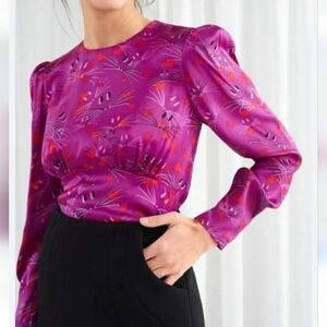 Revolve New & Other Stories Pink Satin Cat Print Puff Sleeve Blouse Top US SZ 8